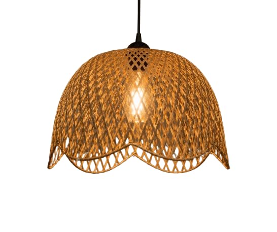 Hanging Natural Woven Rattan Pendant Light - Dome Shape with Scalloped