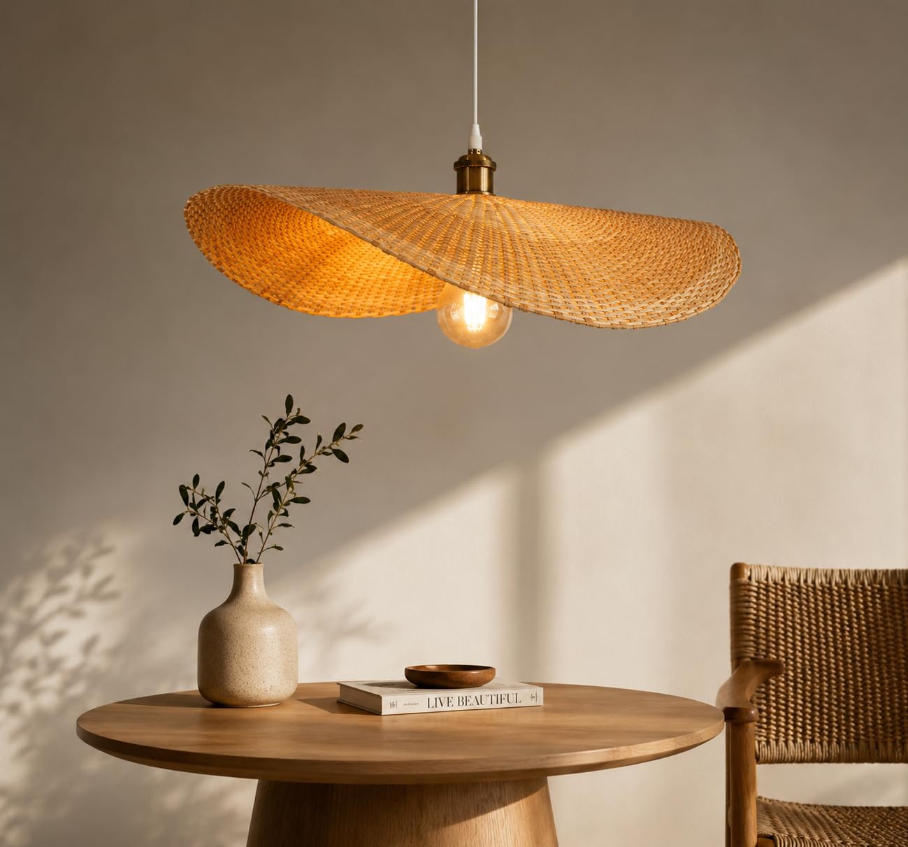 Woven Handwoven Bamboo Pendant Light - Natural Beige