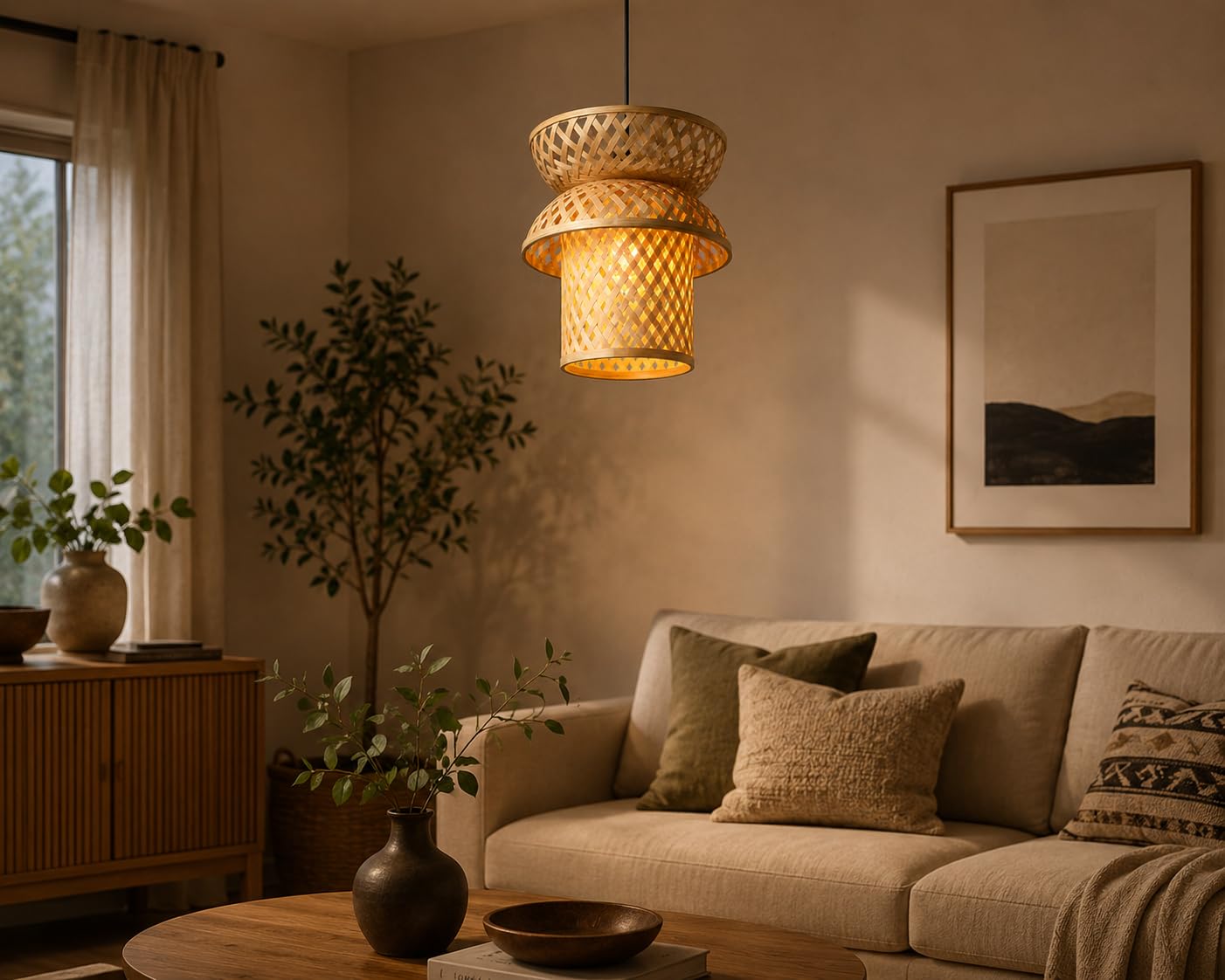 Handwoven Bamboo Pendant Light - Natural