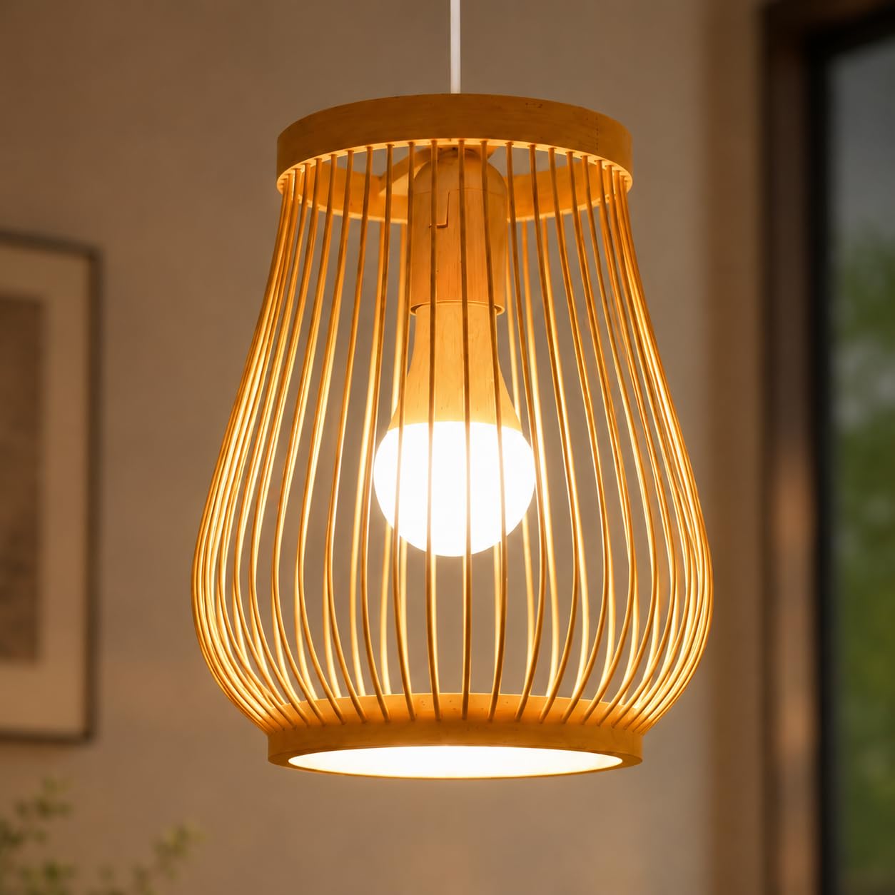 Wooden Cage Pendant Light - Natural Wood Slatted Hanging Lamp