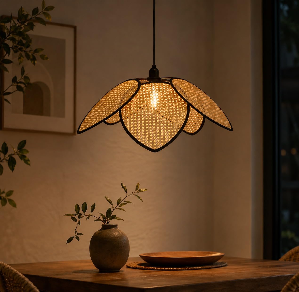 Rattan Woven Flower-Shaped Pendant Hanging Light - Boho