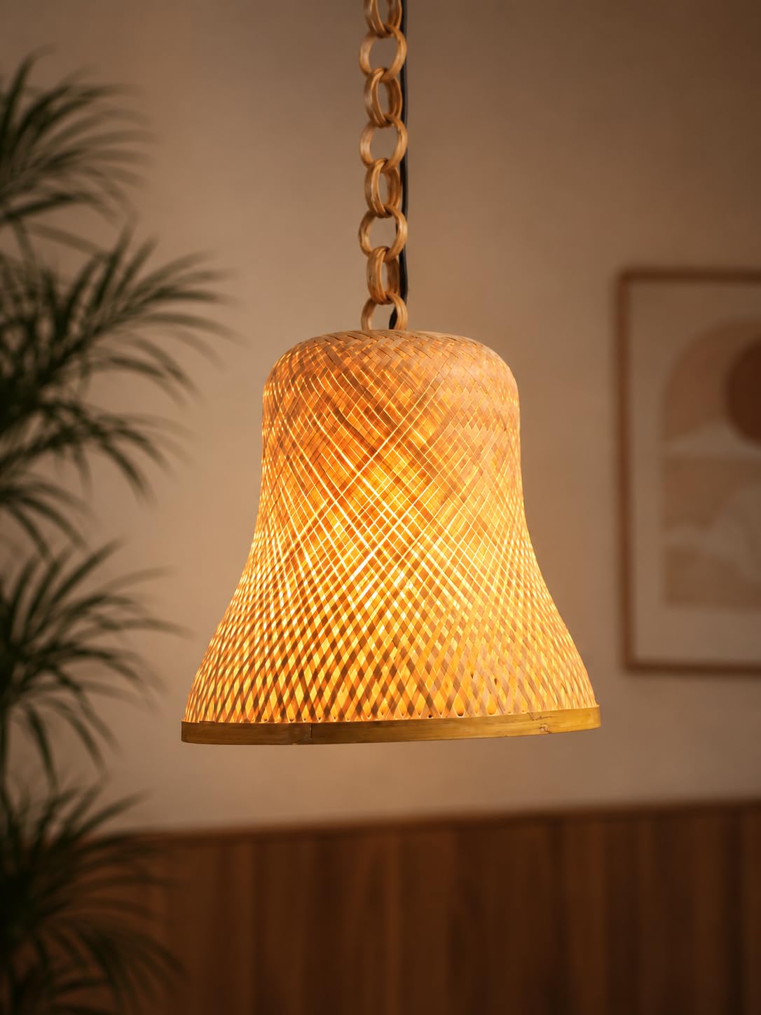 Handwoven Bamboo Bell-Shaped Pendant Light - Natural