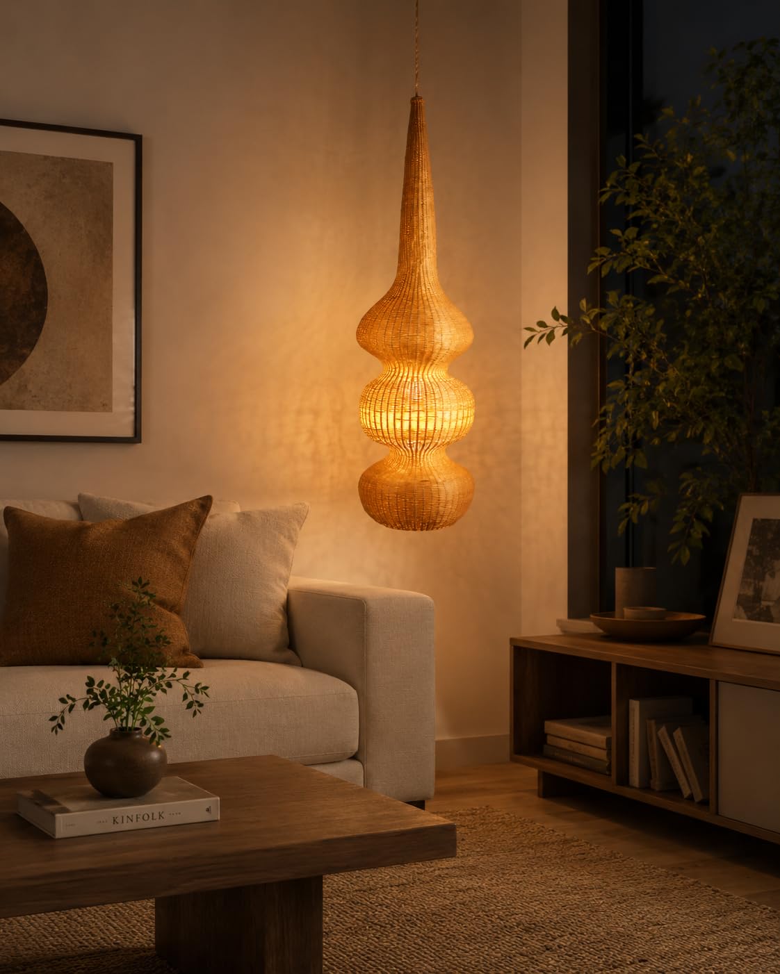 Hanging Natural Bamboo Woven Pendant Light - Large - Hanging Natural