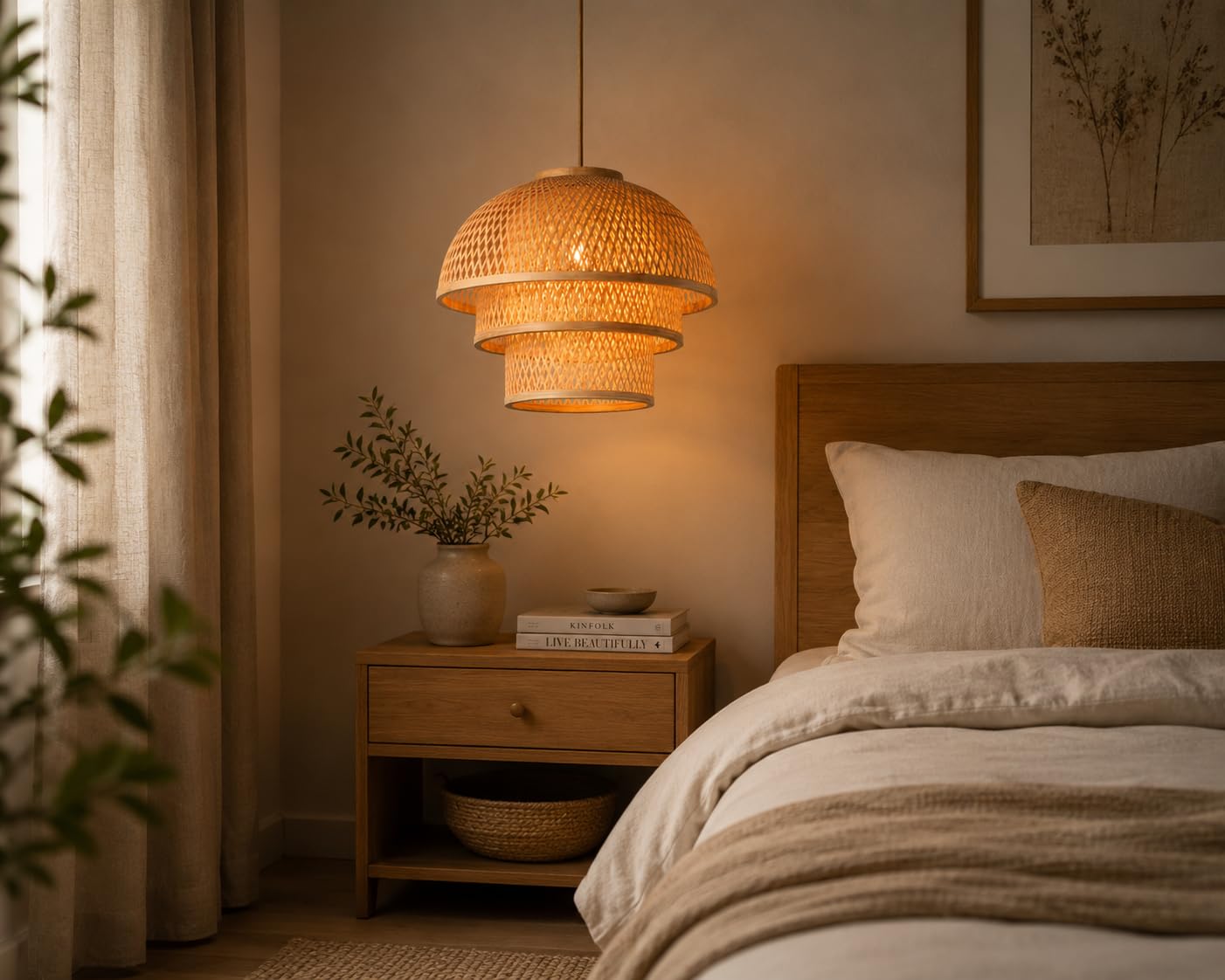 Hanging Natural Bamboo Woven Pendant Light - 3-Tier