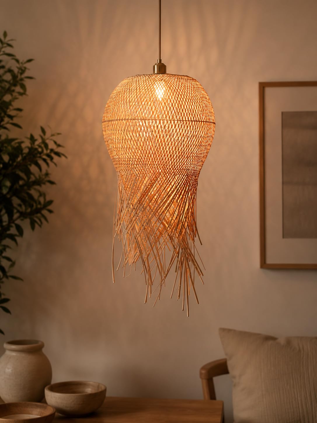 Hanging Natural Bamboo Woven Pendant Light with Fringe