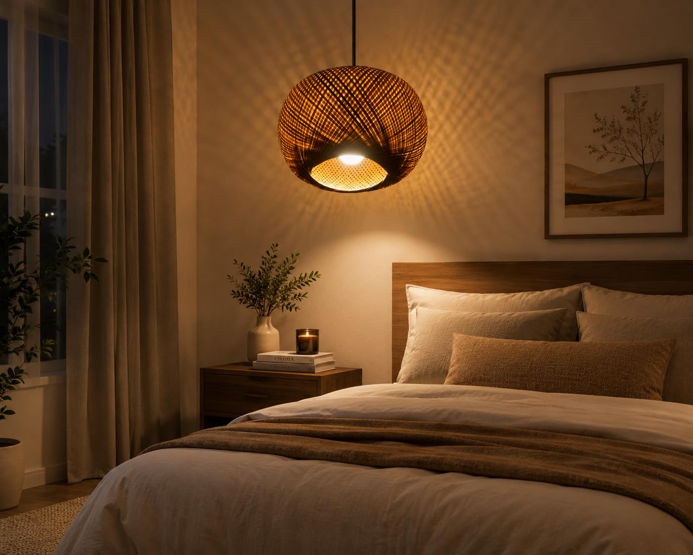 Hanging Natural Bamboo Woven Globe Pendant Light - Light