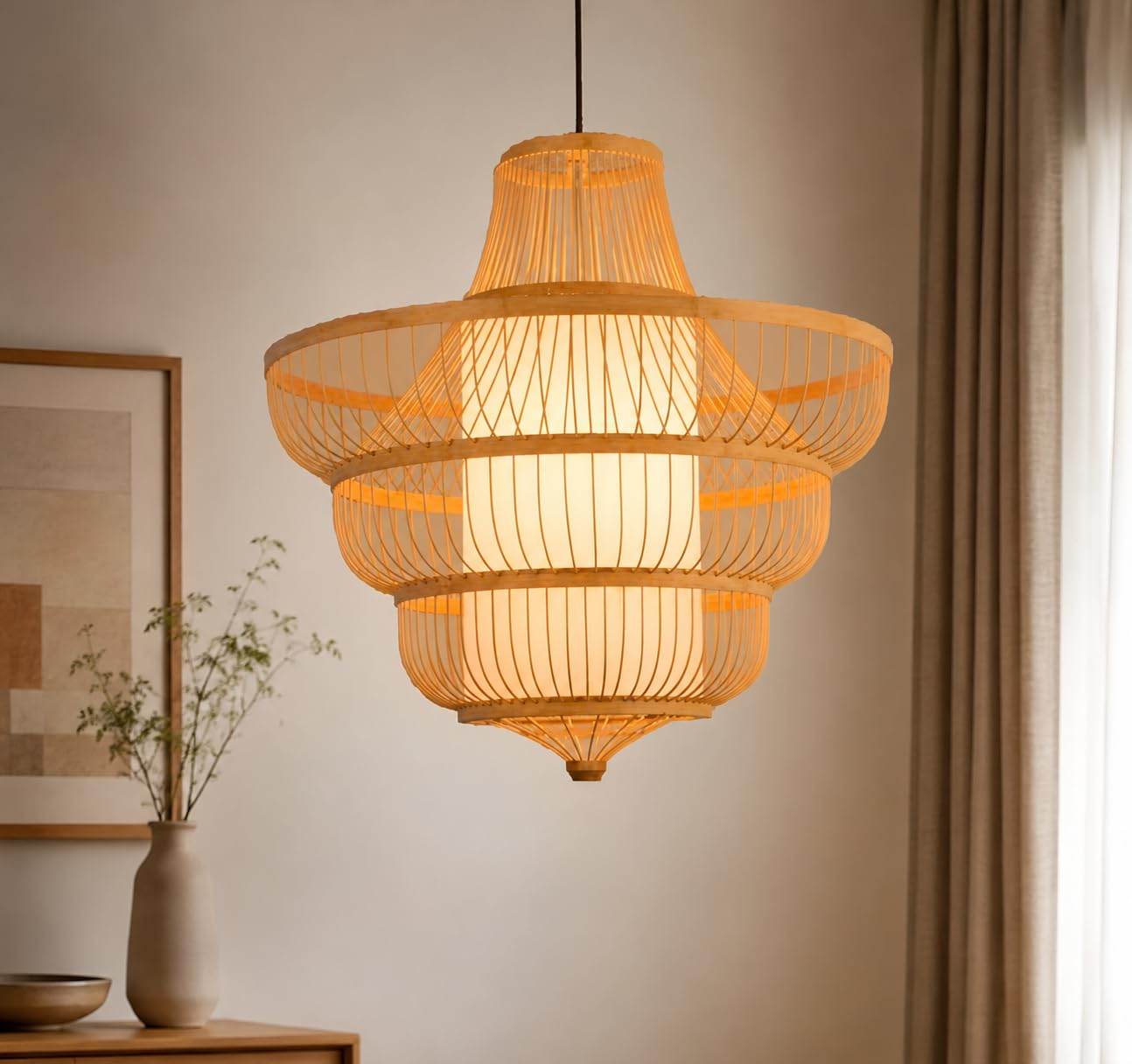 Hanging Natural Bamboo Pendant Light - Boho Woven Ceiling Light