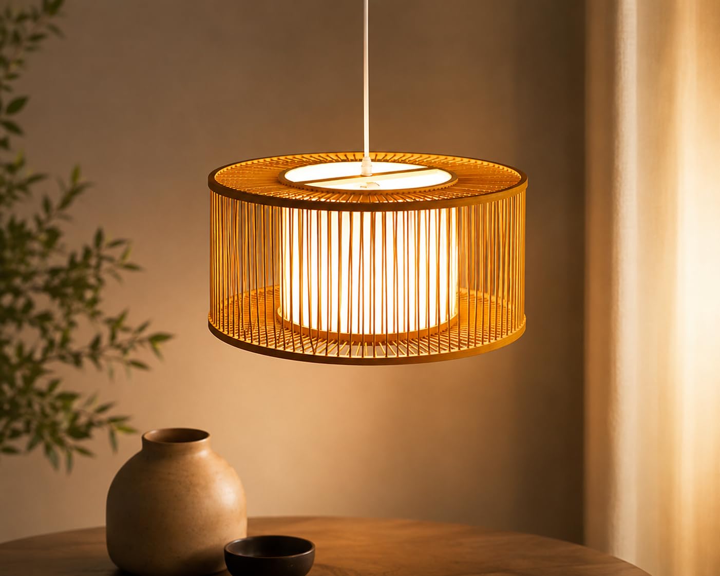 Hanging Natural Bamboo Pendant Light - Drum Shape