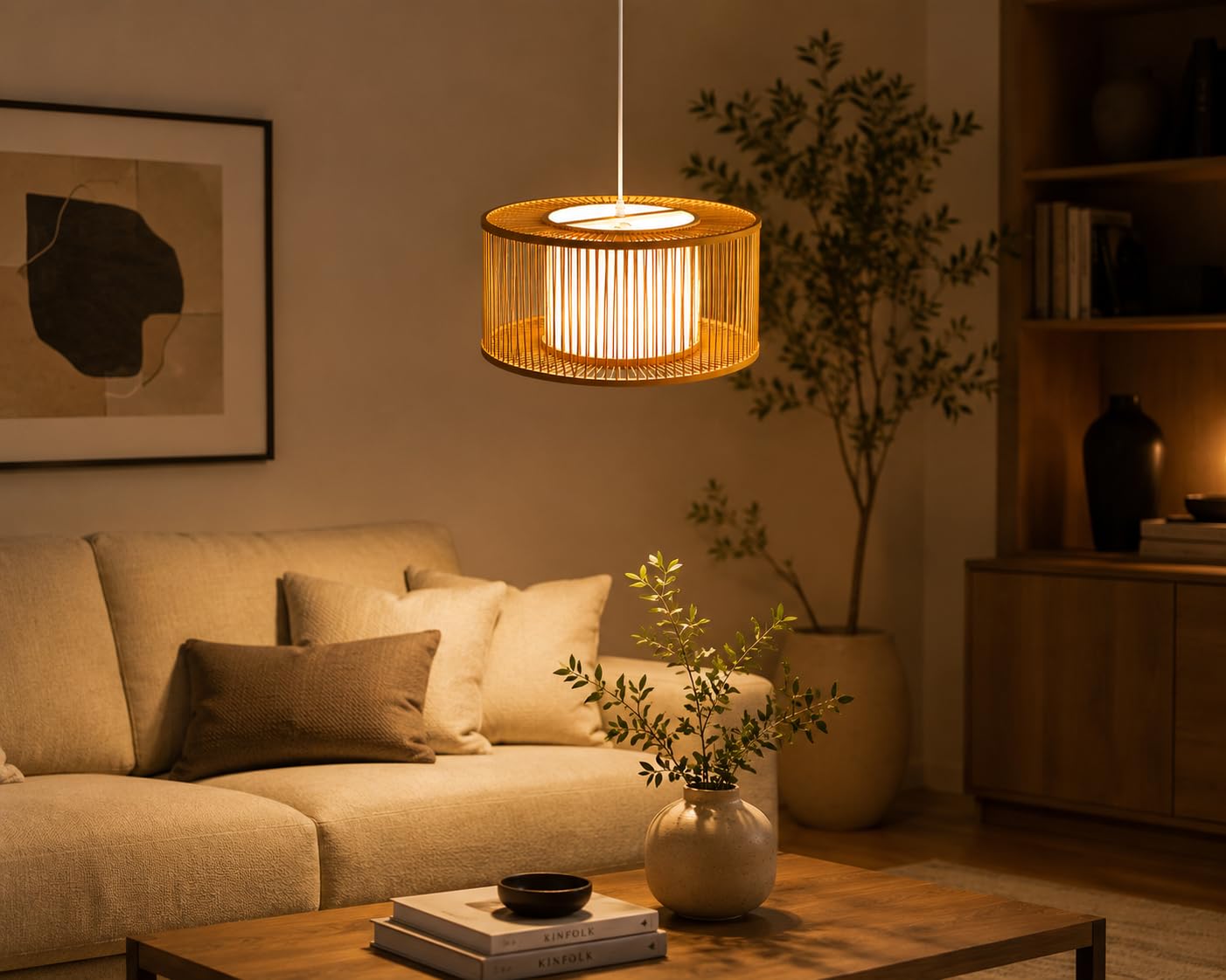 Hanging Natural Bamboo Pendant Light - Drum Shape