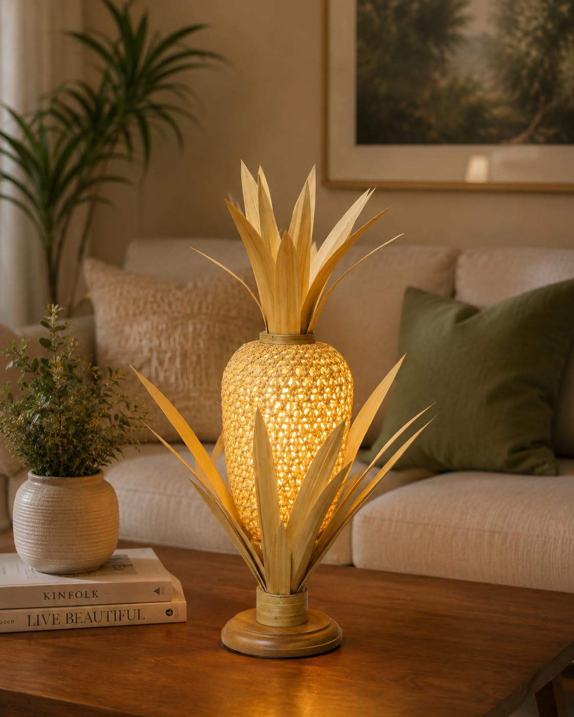 Pineapple Table Lamp - Woven Rattan Shade with Natural Palm Leaves