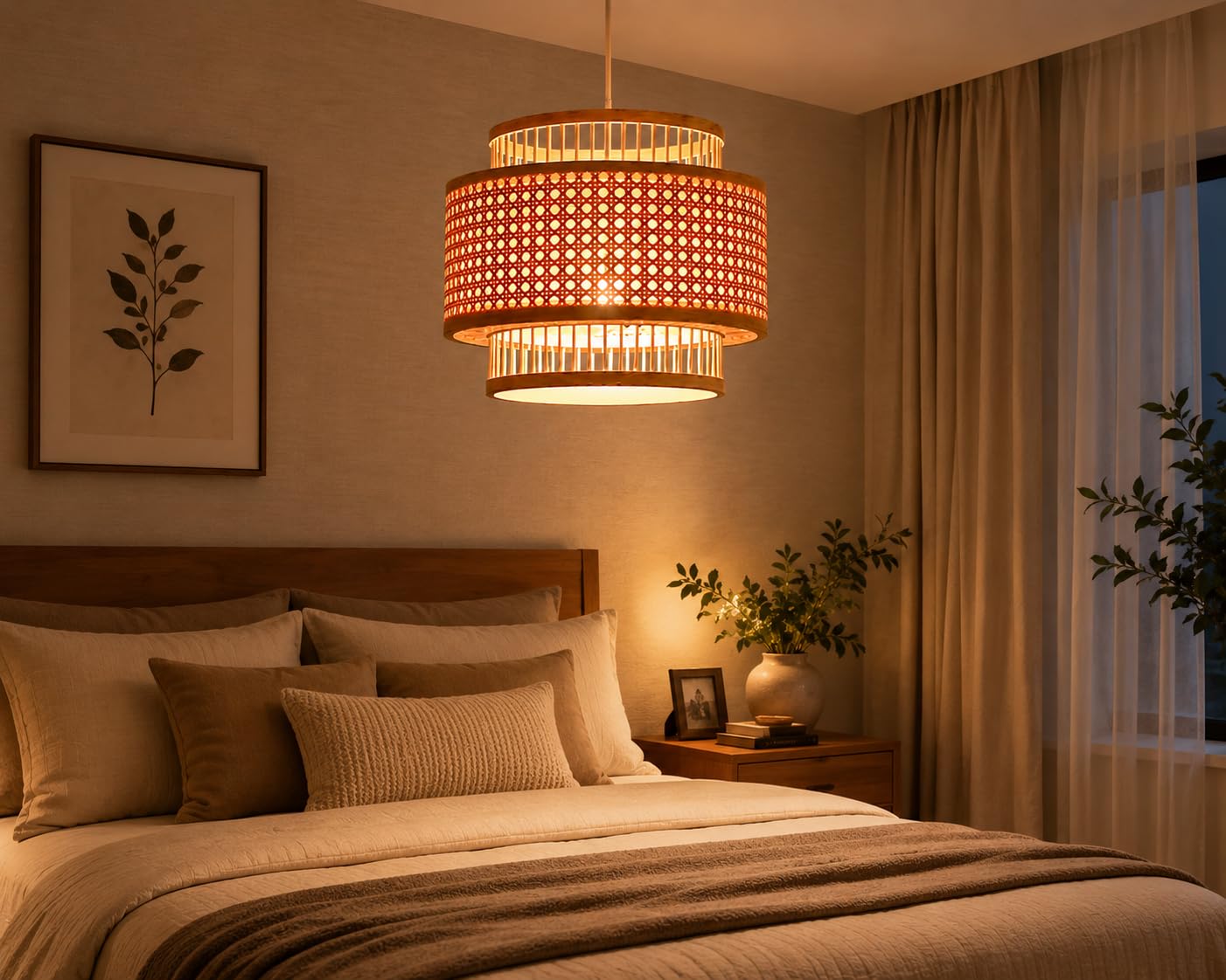 Hanging Natural Rattan Woven Pendant Light - Boho 3-Tier Drum Ceiling