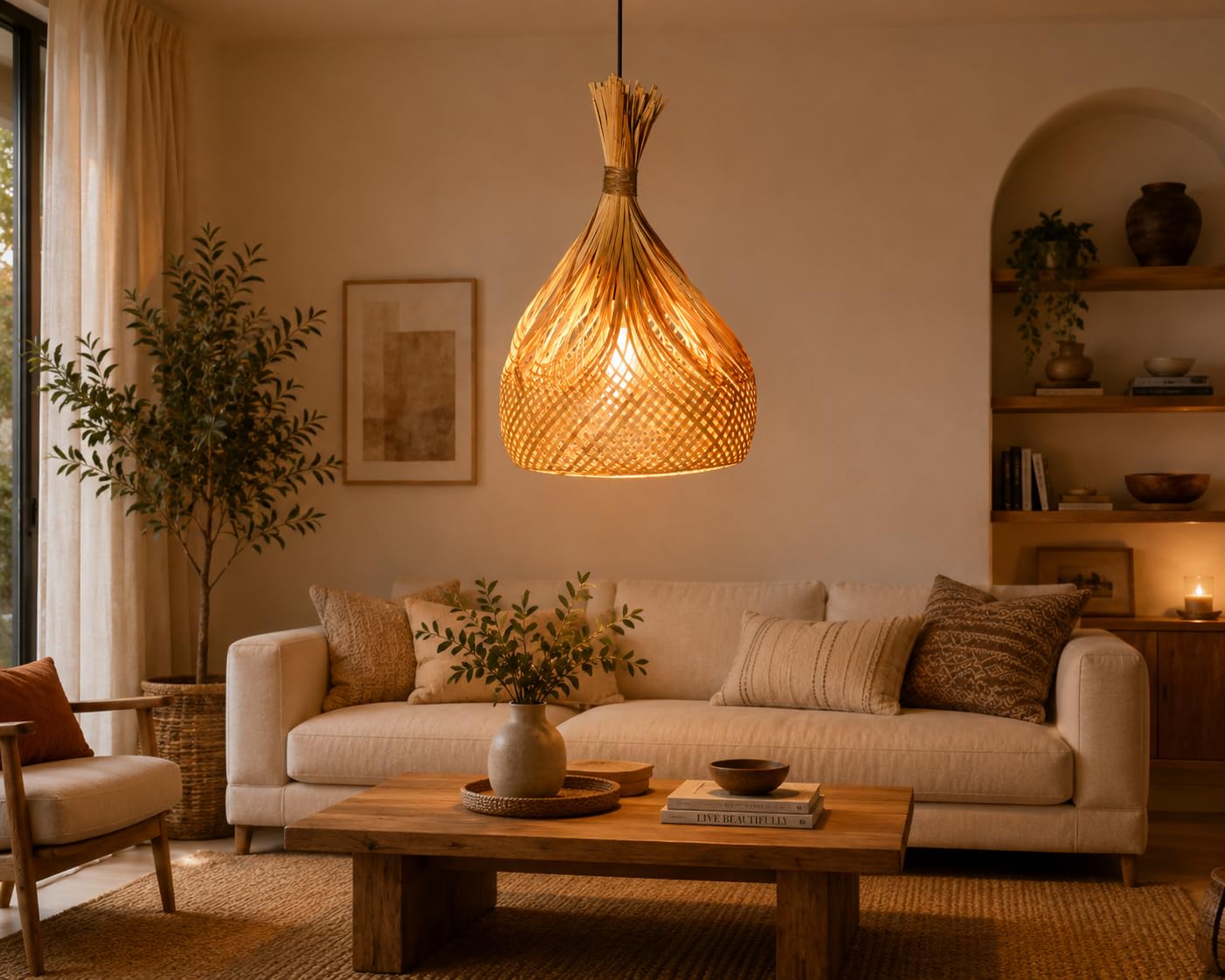 Handwoven Bamboo Pendant Light - Natural