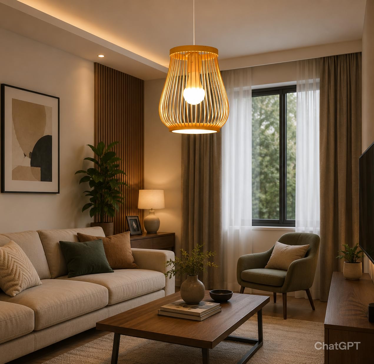 Wooden Cage Pendant Light - Natural Wood Slatted Hanging Lamp