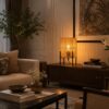 Rattan Table Lamp with Black Metal Stand - Boho