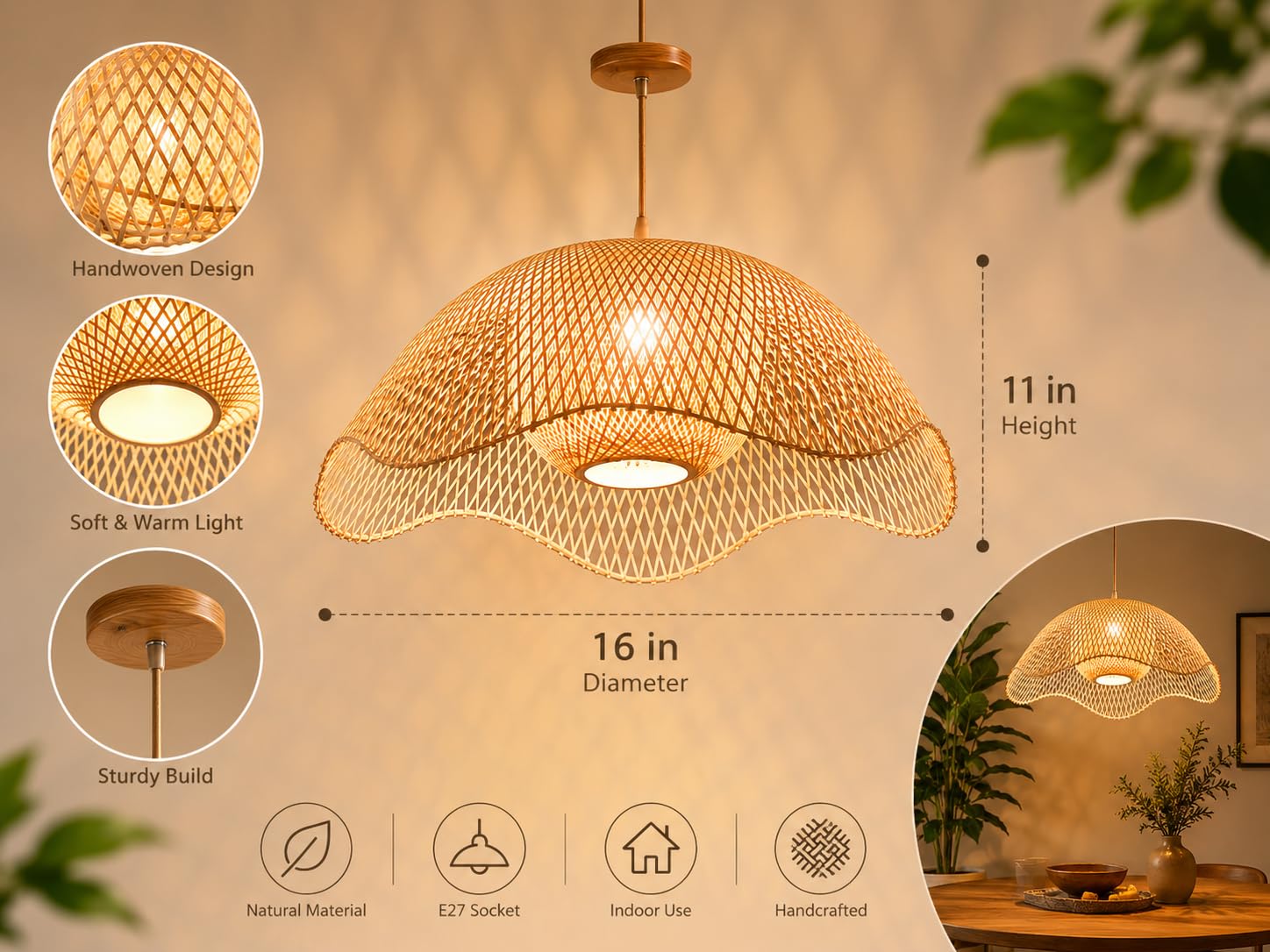 Handwoven Rattan Pendant Light - Bell Shape