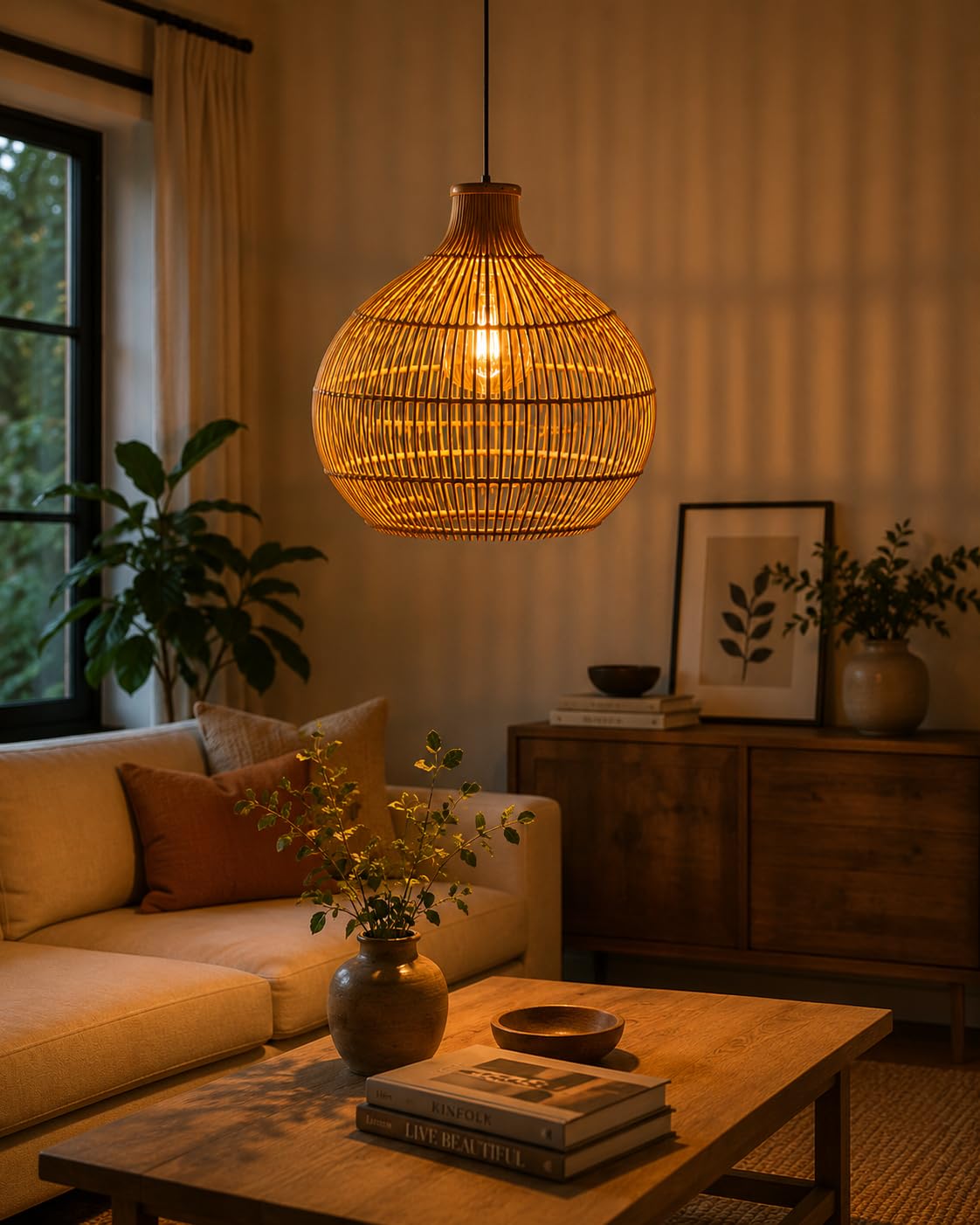 Rattan Look Pendant Light - Round Globe Shape