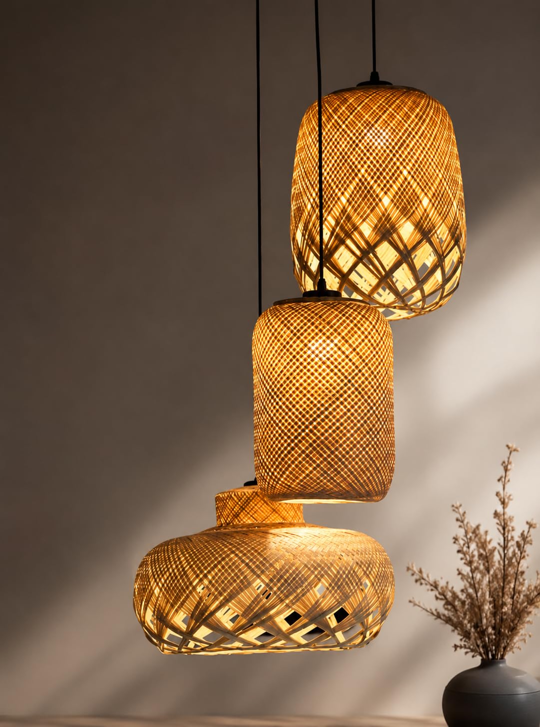 Hanging Light Set of 3 - Woven Bamboo Pendant Lights
