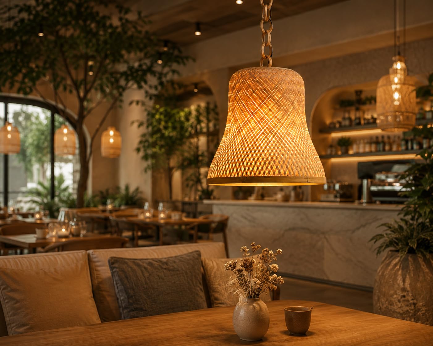 Handwoven Bamboo Bell-Shaped Pendant Light - Natural