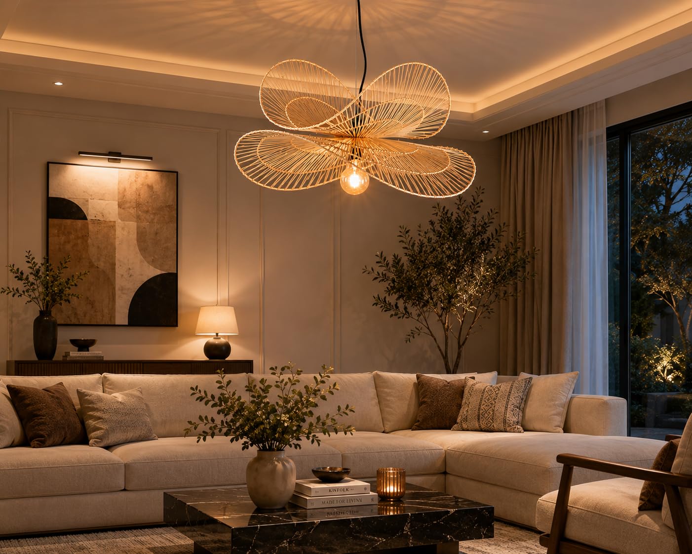 Handwoven Natural Rattan Pendant Light - Butterfly Design
