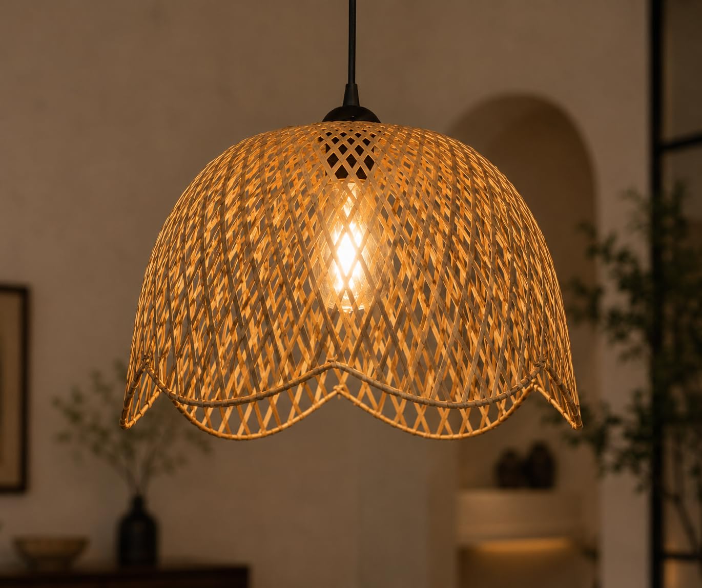 Hanging Natural Woven Rattan Pendant Light - Dome Shape with Scalloped