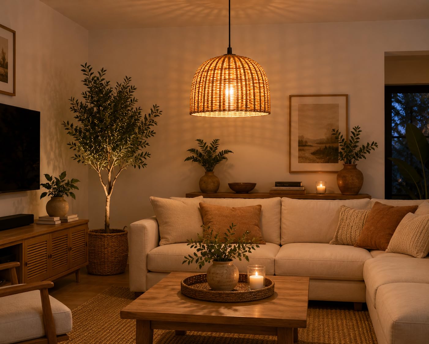 Hanging Natural Rattan Pendant Light - Dome Shape