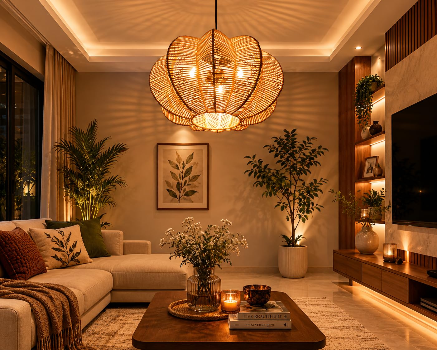 Pumpkin Hanging Natural Rattan Light - Boho Woven Pendant Light