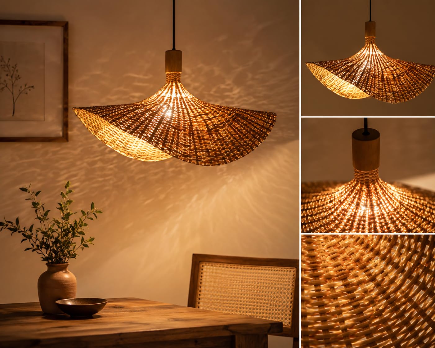 Bamboo Pendant Light Handwoven Fan Shape - Natural Beige