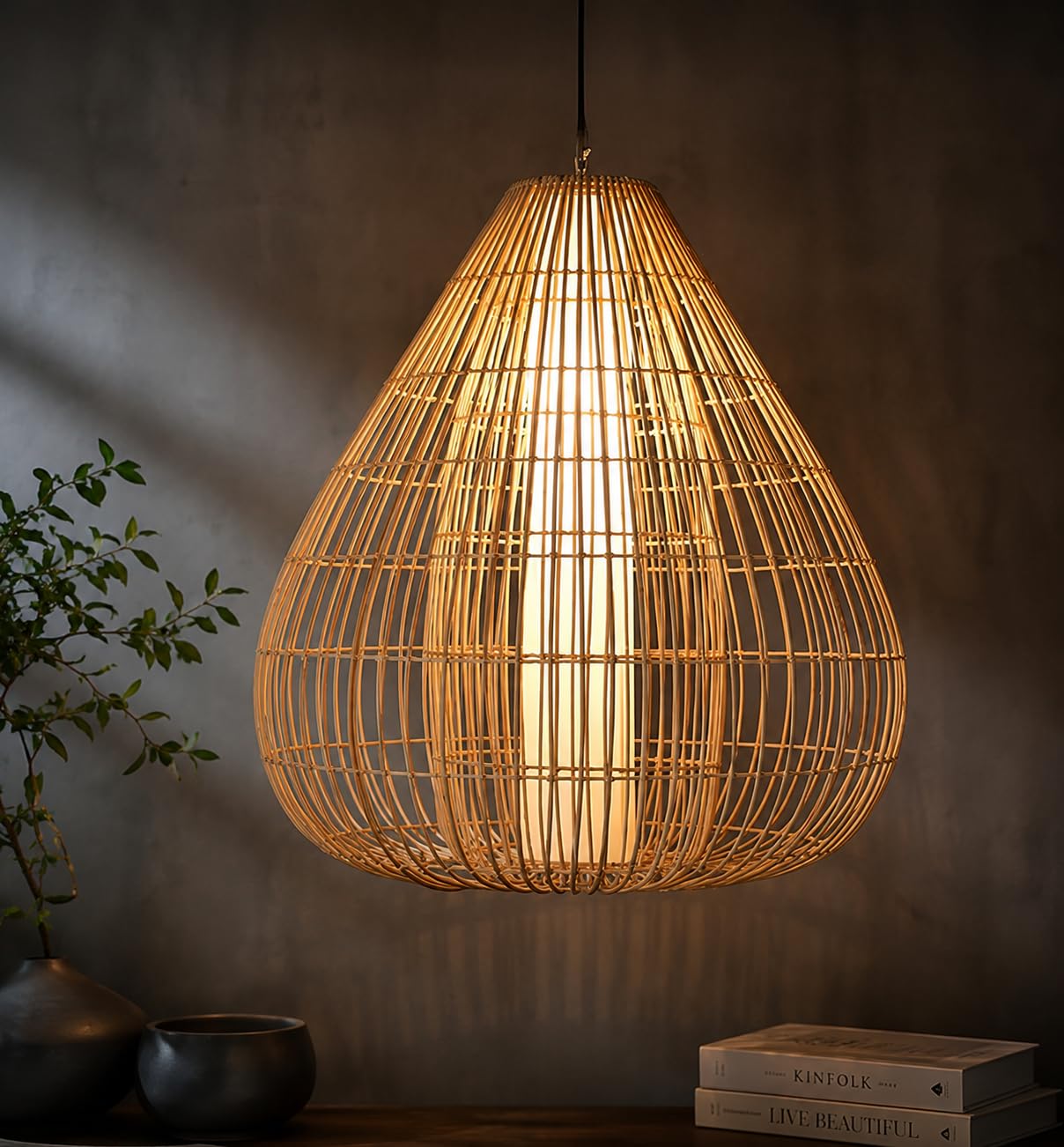Hanging Natural Rattan Pendant Light - Teardrop Shape
