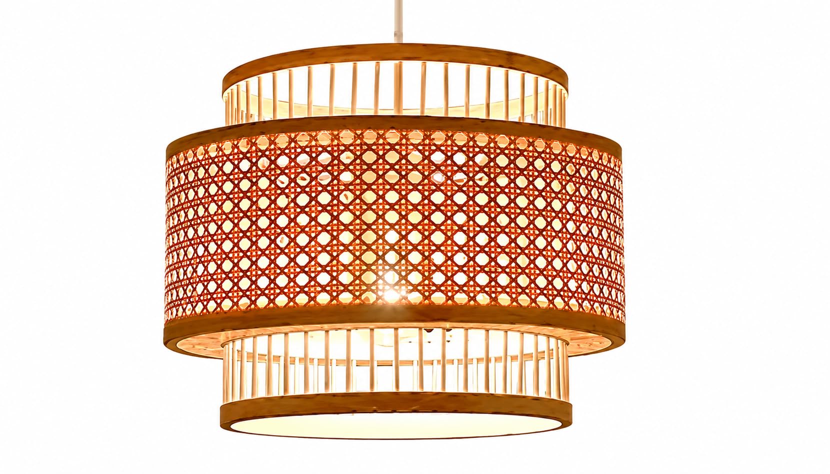 Hanging Natural Rattan Woven Pendant Light - Boho 3-Tier Drum Ceiling
