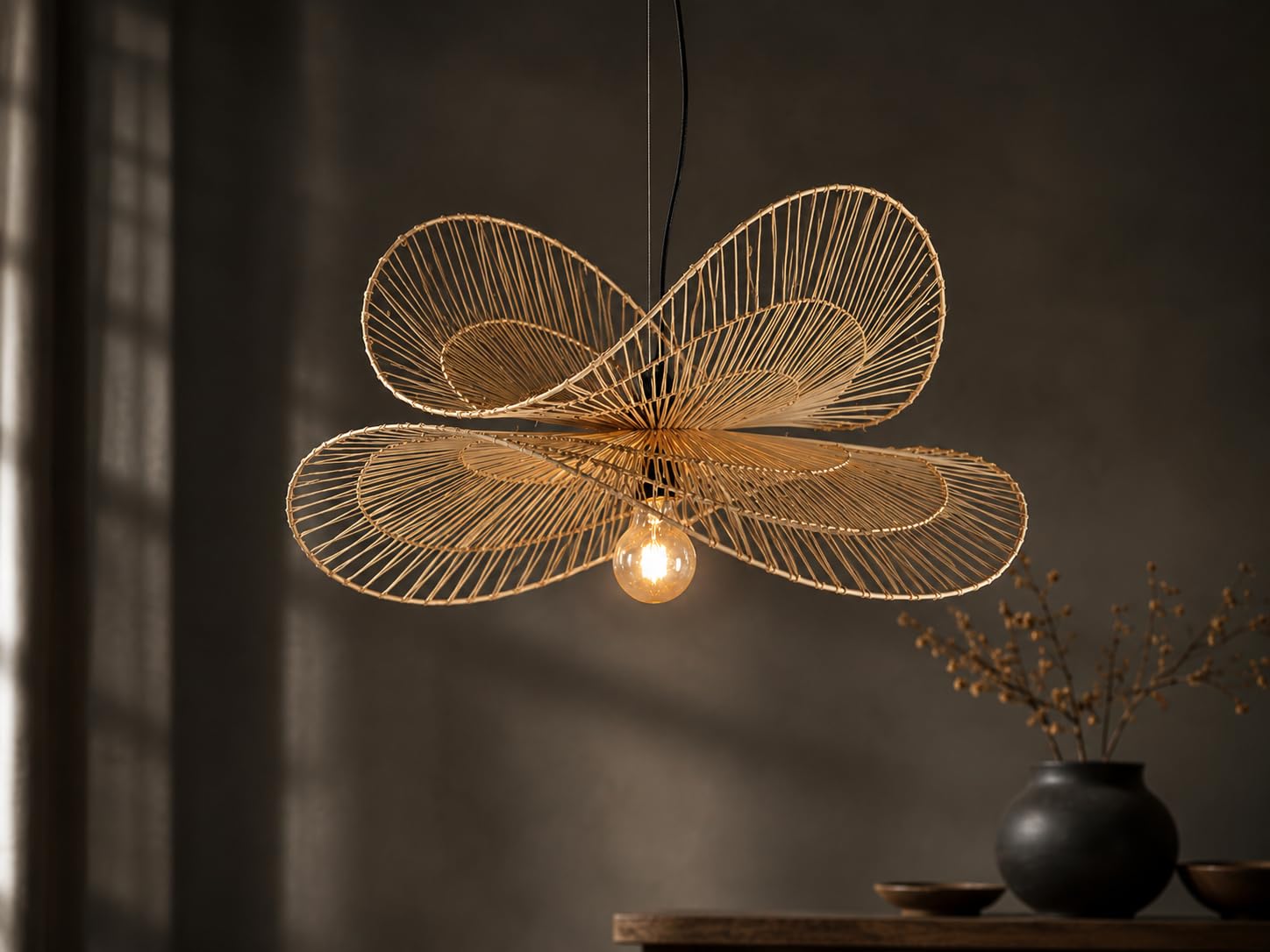 Handwoven Natural Rattan Pendant Light - Butterfly Design