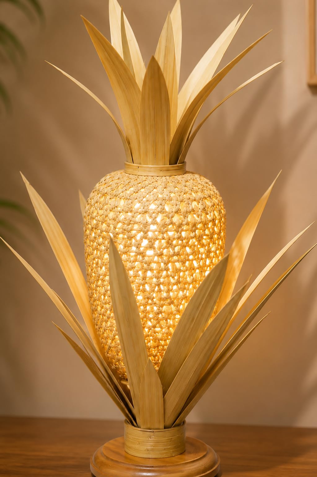 Pineapple Table Lamp - Woven Rattan Shade with Natural Palm Leaves