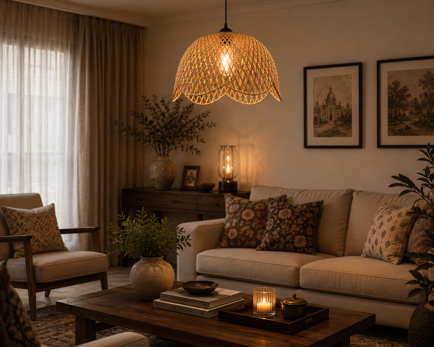 Hanging Natural Woven Rattan Pendant Light - Dome Shape with Scalloped