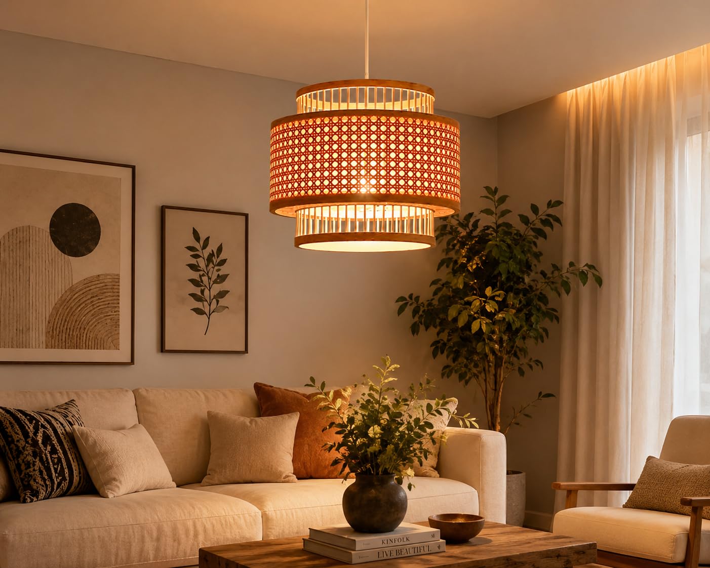 Hanging Natural Rattan Woven Pendant Light - Boho 3-Tier Drum Ceiling