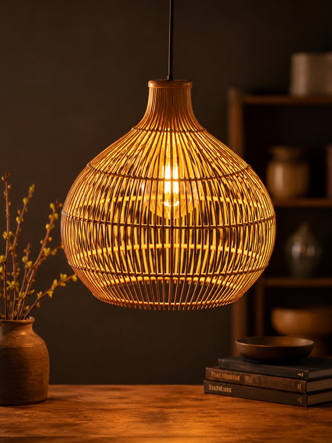 Rattan Look Pendant Light - Round Globe Shape