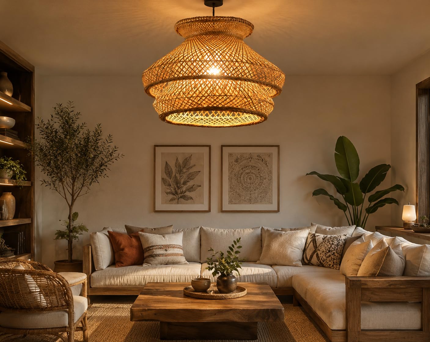 Handwoven Natural Bamboo Pendant Light - Mushroom Hanging Light
