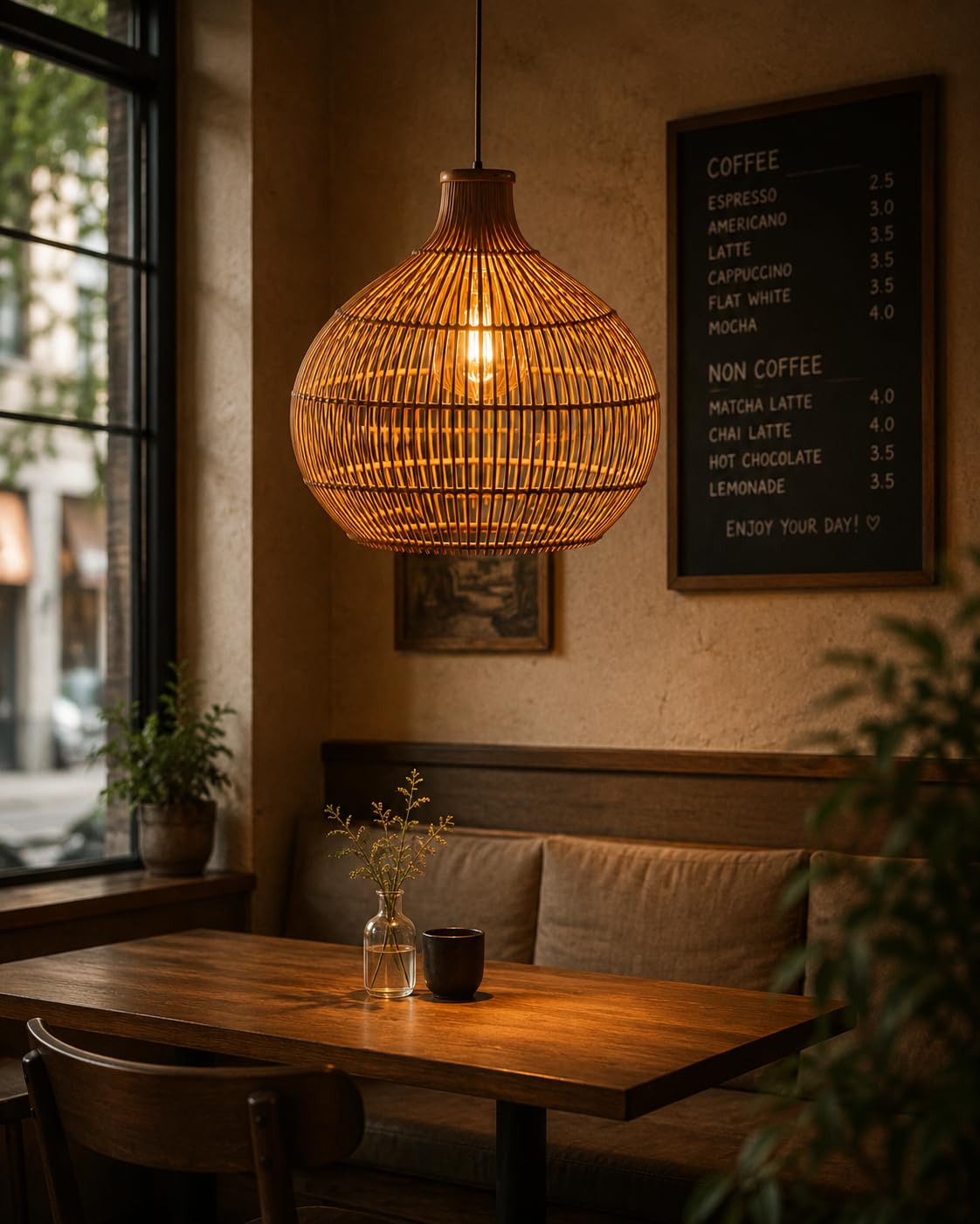 Rattan Look Pendant Light - Round Globe Shape