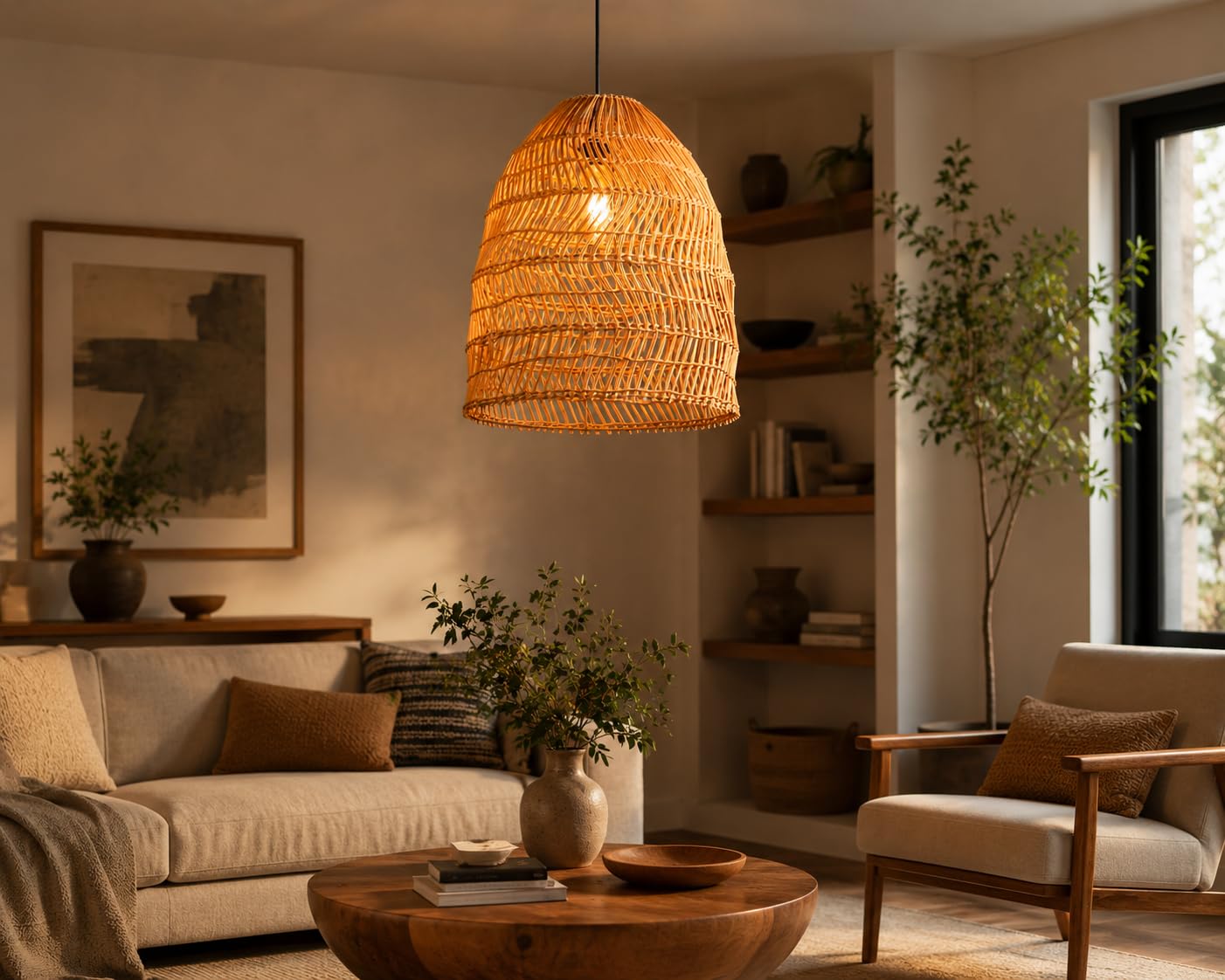 Wicker Rattan Pendant Light - Handwoven Beehive Ceiling Lamp Shade