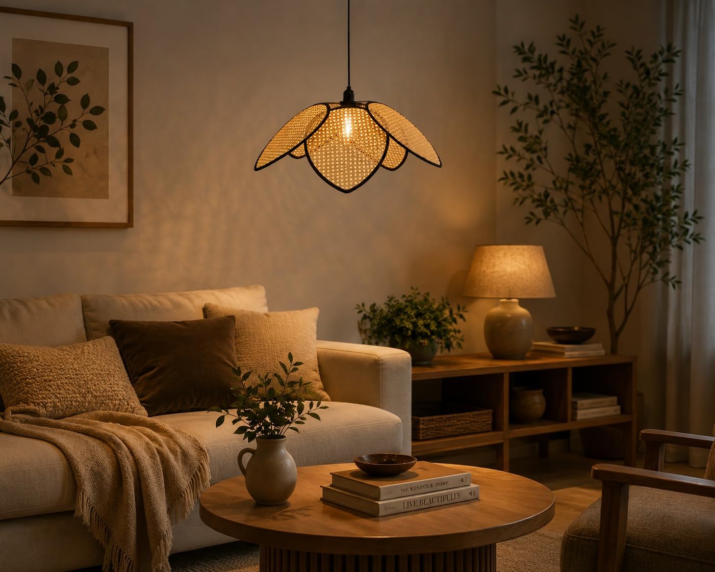 Rattan Woven Flower-Shaped Pendant Hanging Light - Boho