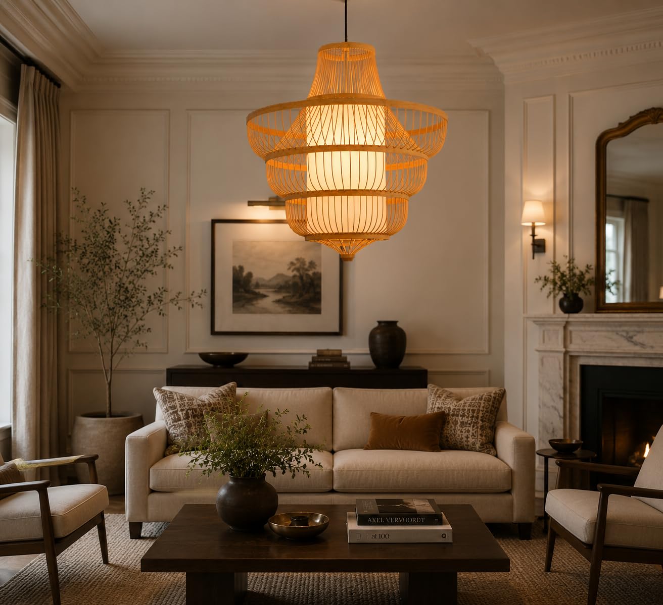 Hanging Natural Bamboo Pendant Light - Boho Woven Ceiling Light