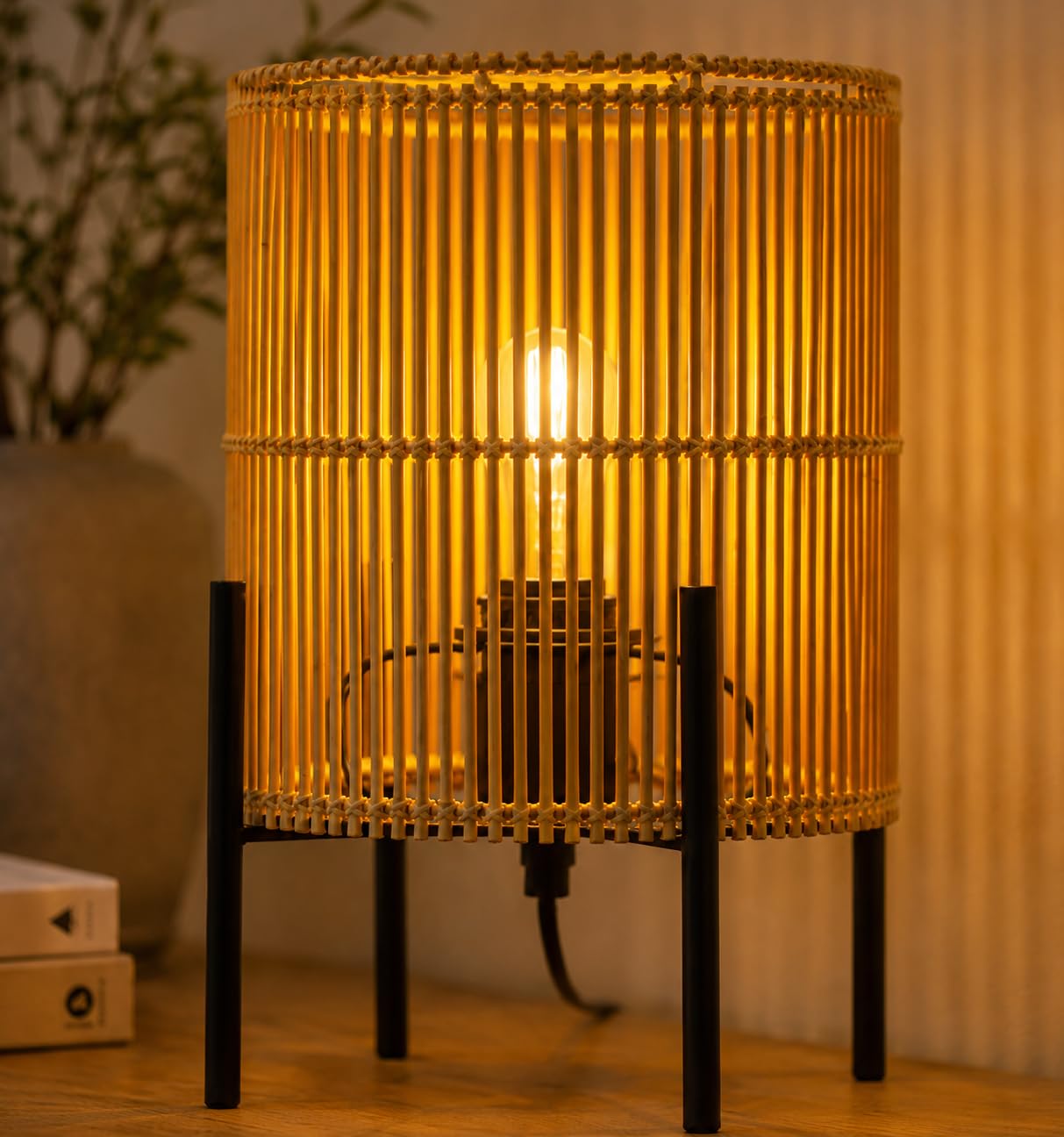 Rattan Table Lamp with Black Metal Stand - Boho