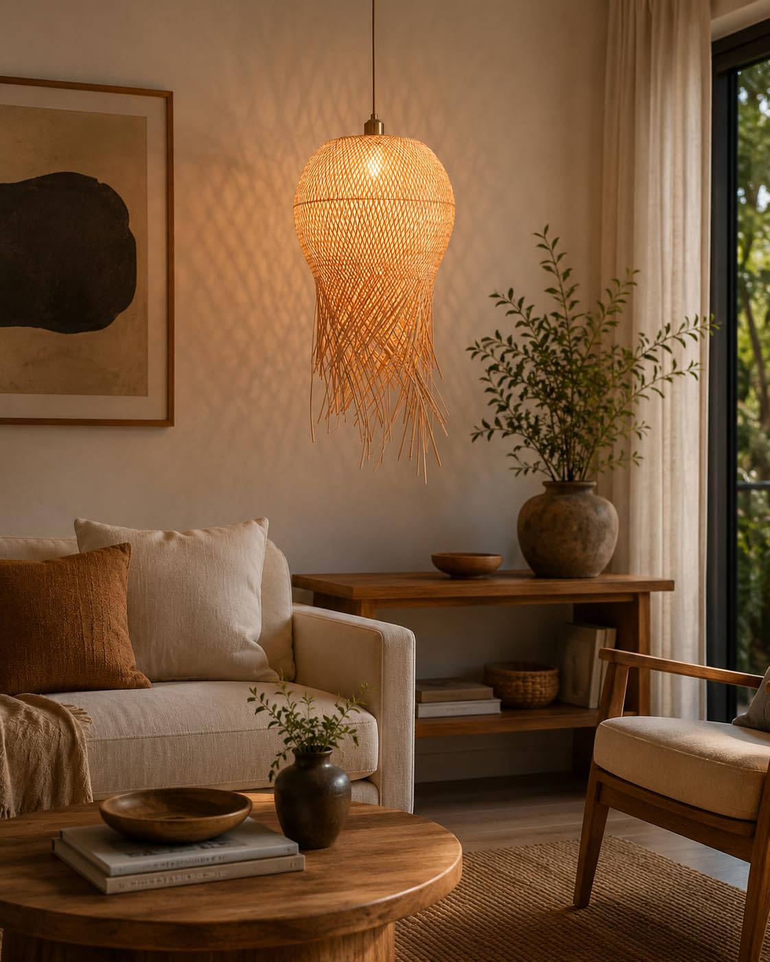 Hanging Natural Bamboo Woven Pendant Light with Fringe