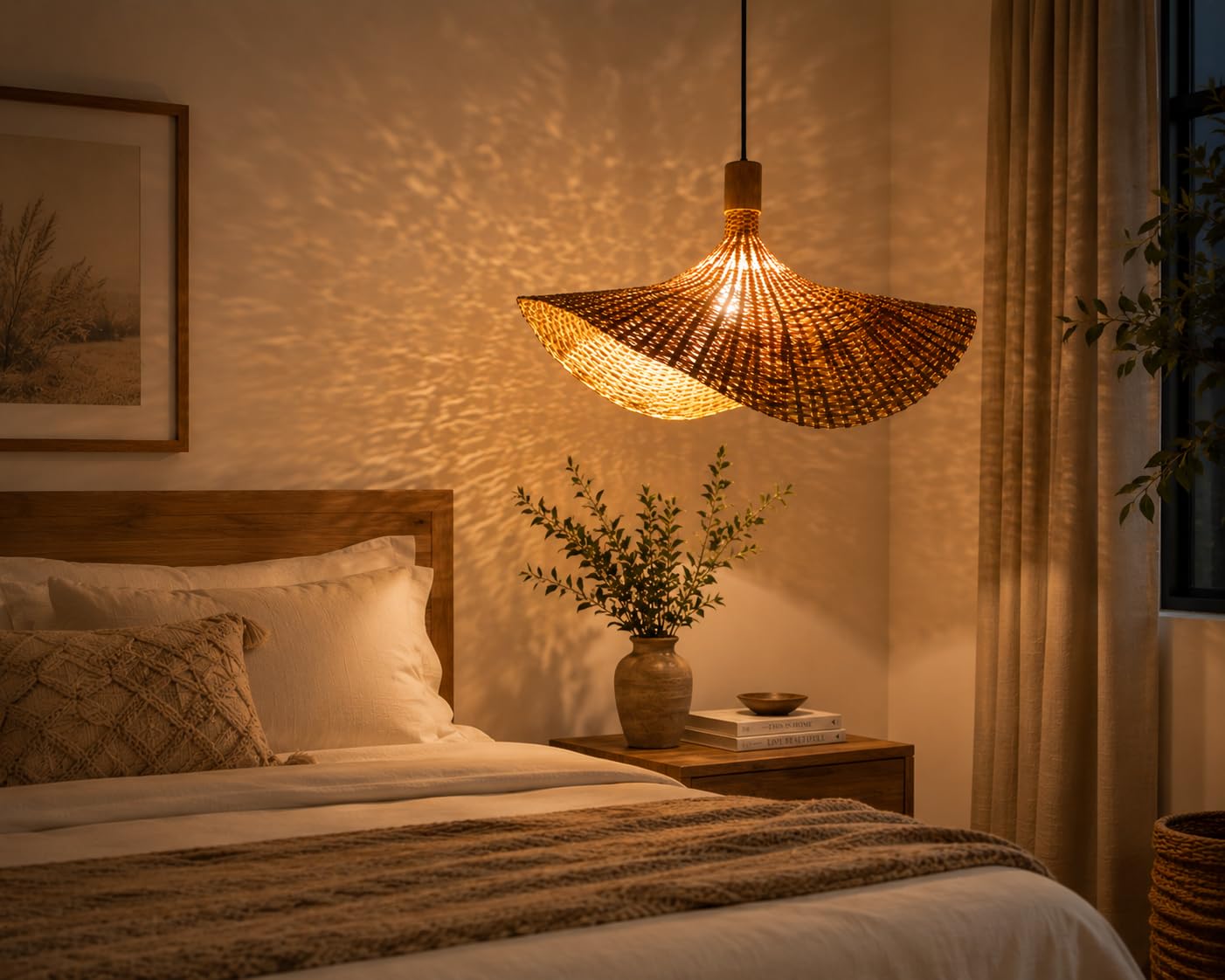 Bamboo Pendant Light Handwoven Fan Shape - Natural Beige