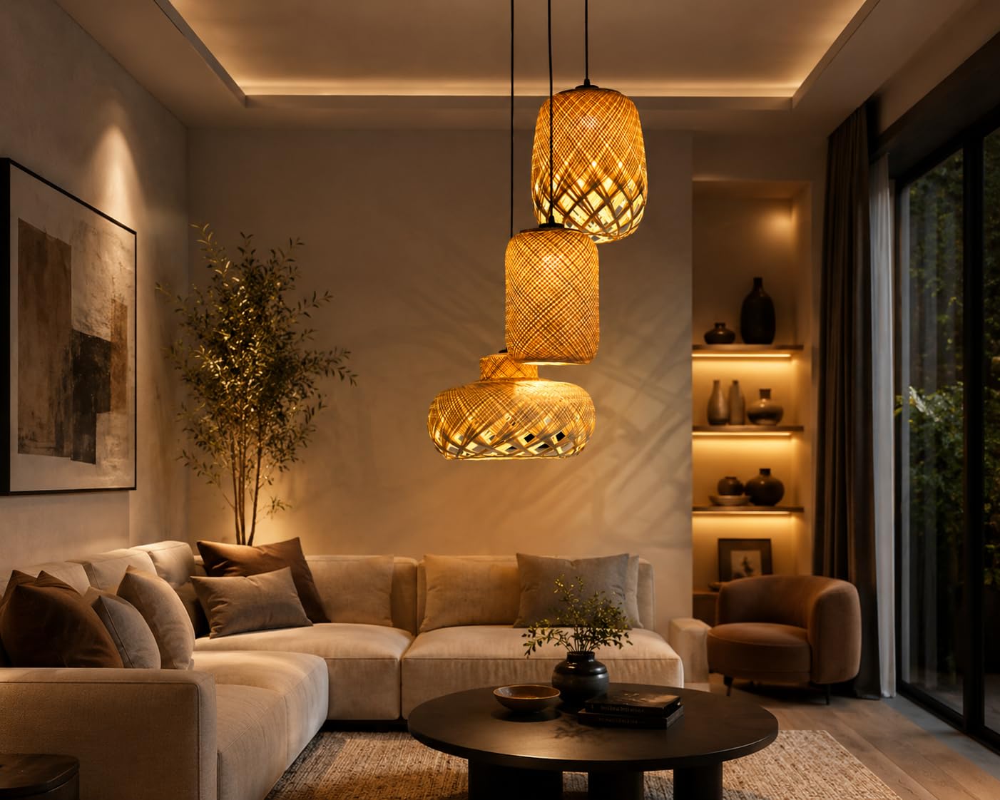 Hanging Light Set of 3 - Woven Bamboo Pendant Lights