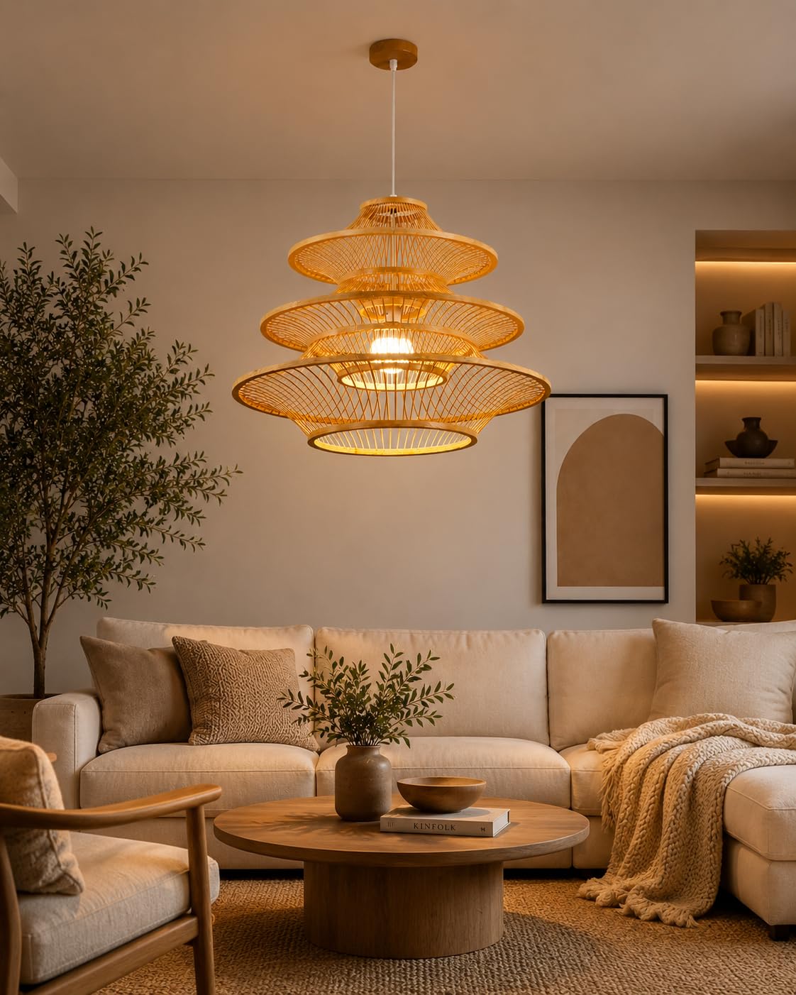 Handwoven Bamboo Pendant Light - Multi-Tier Wicker Hanging Light