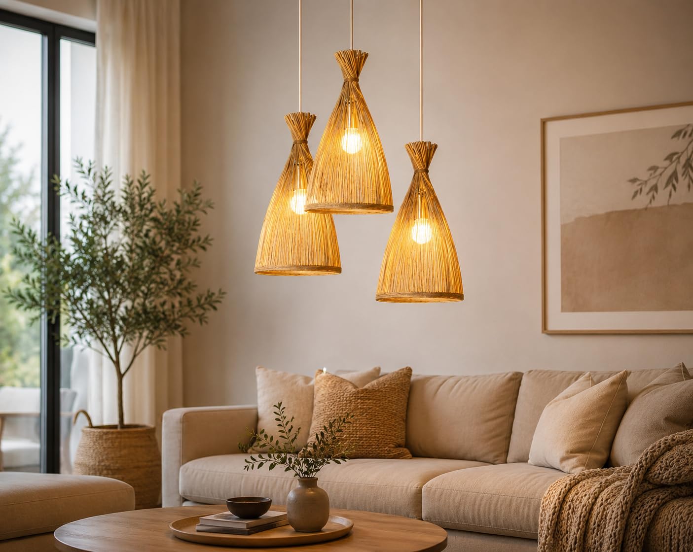 Rattan Woven Conical Pendant Light - Natural