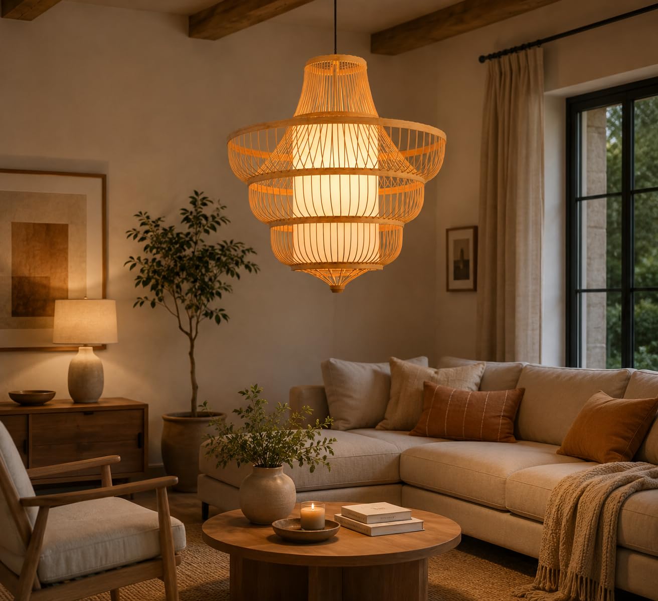 Hanging Natural Bamboo Pendant Light - Boho Woven Ceiling Light