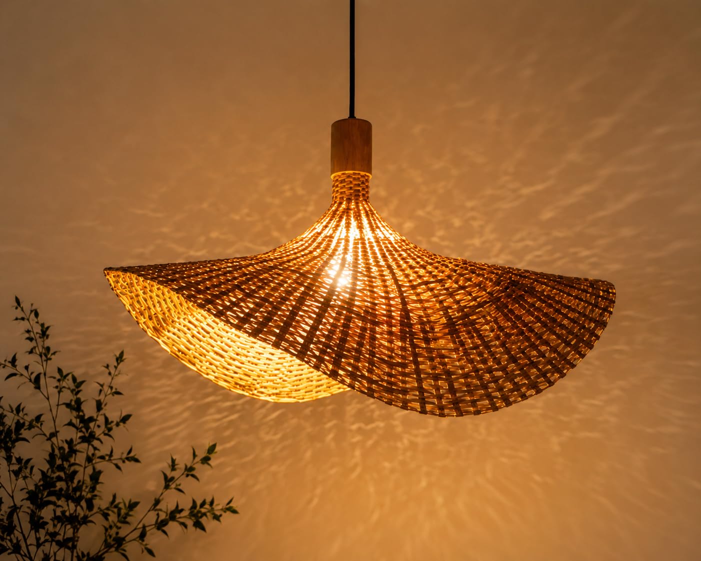 Bamboo Pendant Light Handwoven Fan Shape - Natural Beige