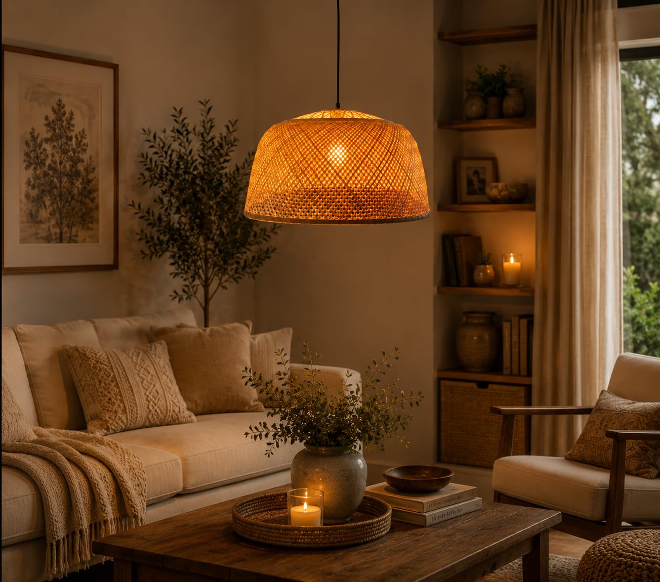 Woven Bamboo Pendant Light - Boho Dome Hanging Light Shade
