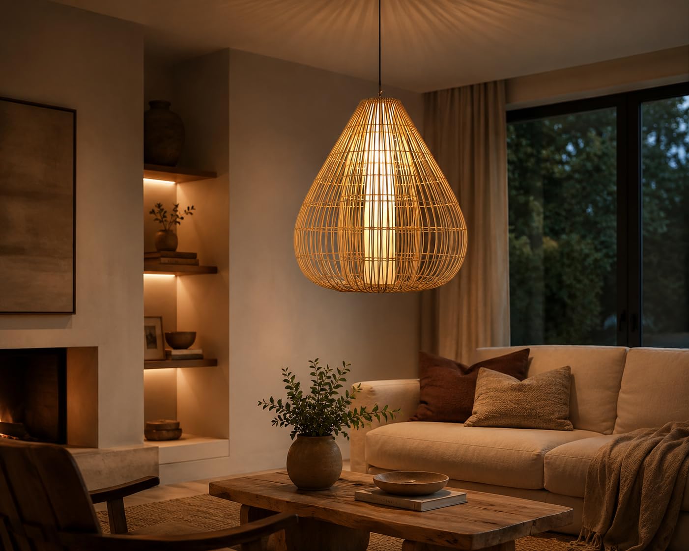 Hanging Natural Rattan Pendant Light - Teardrop Shape