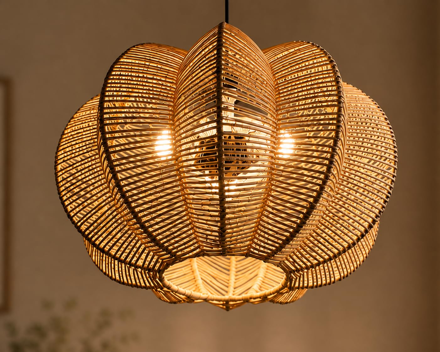 Pumpkin Hanging Natural Rattan Light - Boho Woven Pendant Light